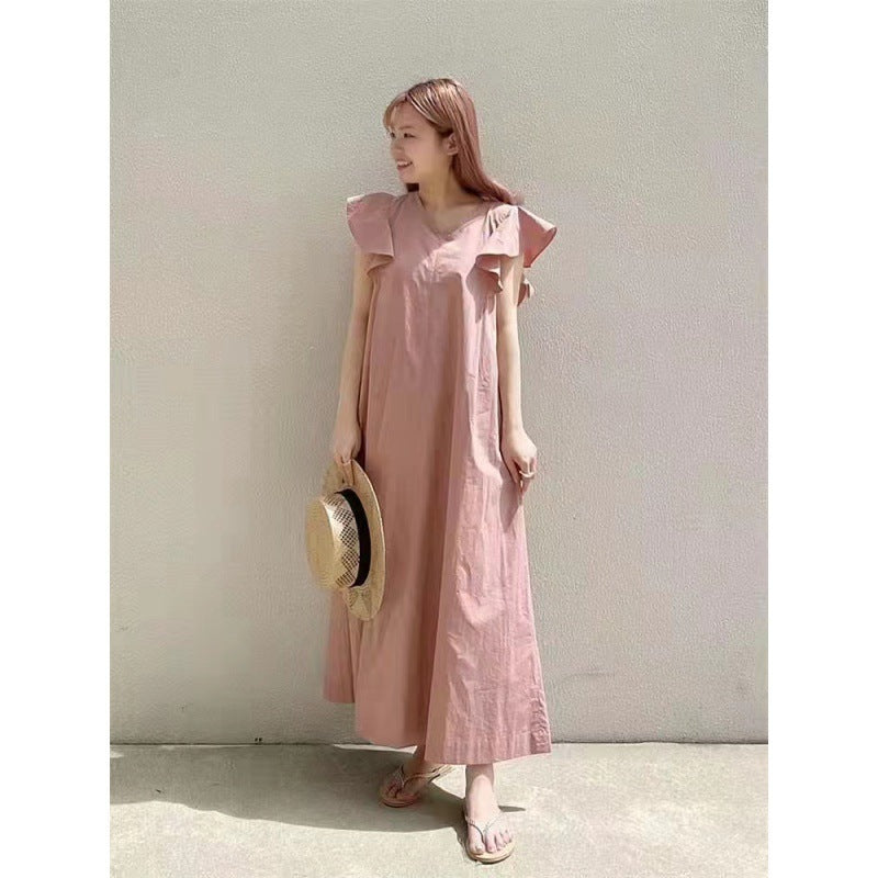 Ruffle Sleeve Dress Loose Slimming Dress Women Pink Free Size