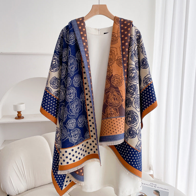 Warm Scarf Fashionable Outerwear Sweet Cute Double-sided Shawl Polka Dot Camellia Blue Orange