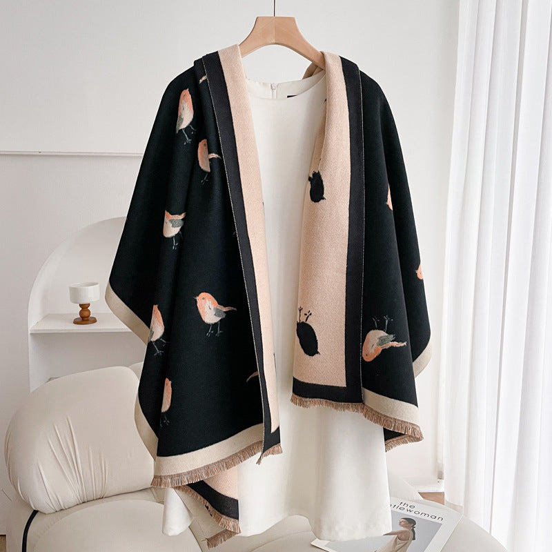 Warm Scarf Fashionable Outerwear Sweet Cute Double-sided Shawl Magpie Black