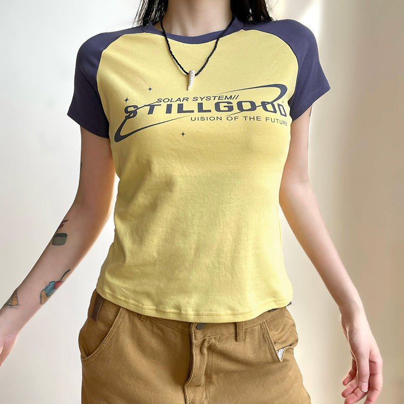 Contrasting Letter Print Raglan Short Sleeve Ladies Top