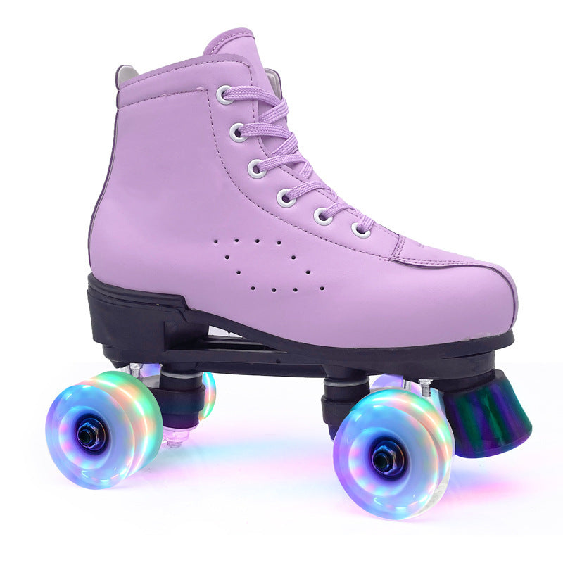 Double-row Leather Purple Roller Skates Flash wheel