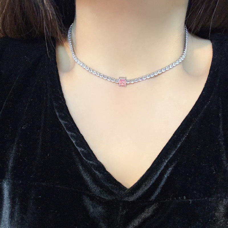 Simple And Versatile Sparkling Diamond Filled Square Candy Women's Bracelet Pink Necklace