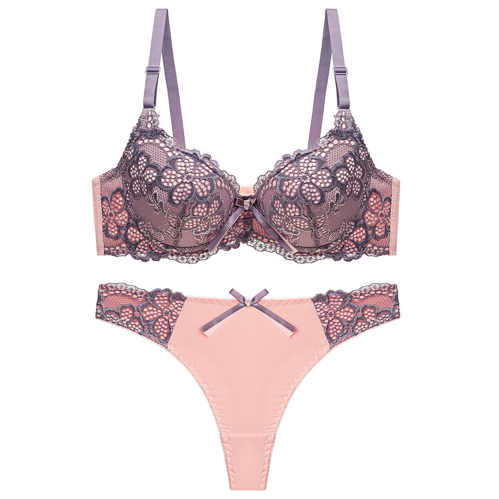 Underwear Push Up Lace Bra Adjustable Bra Set Purple