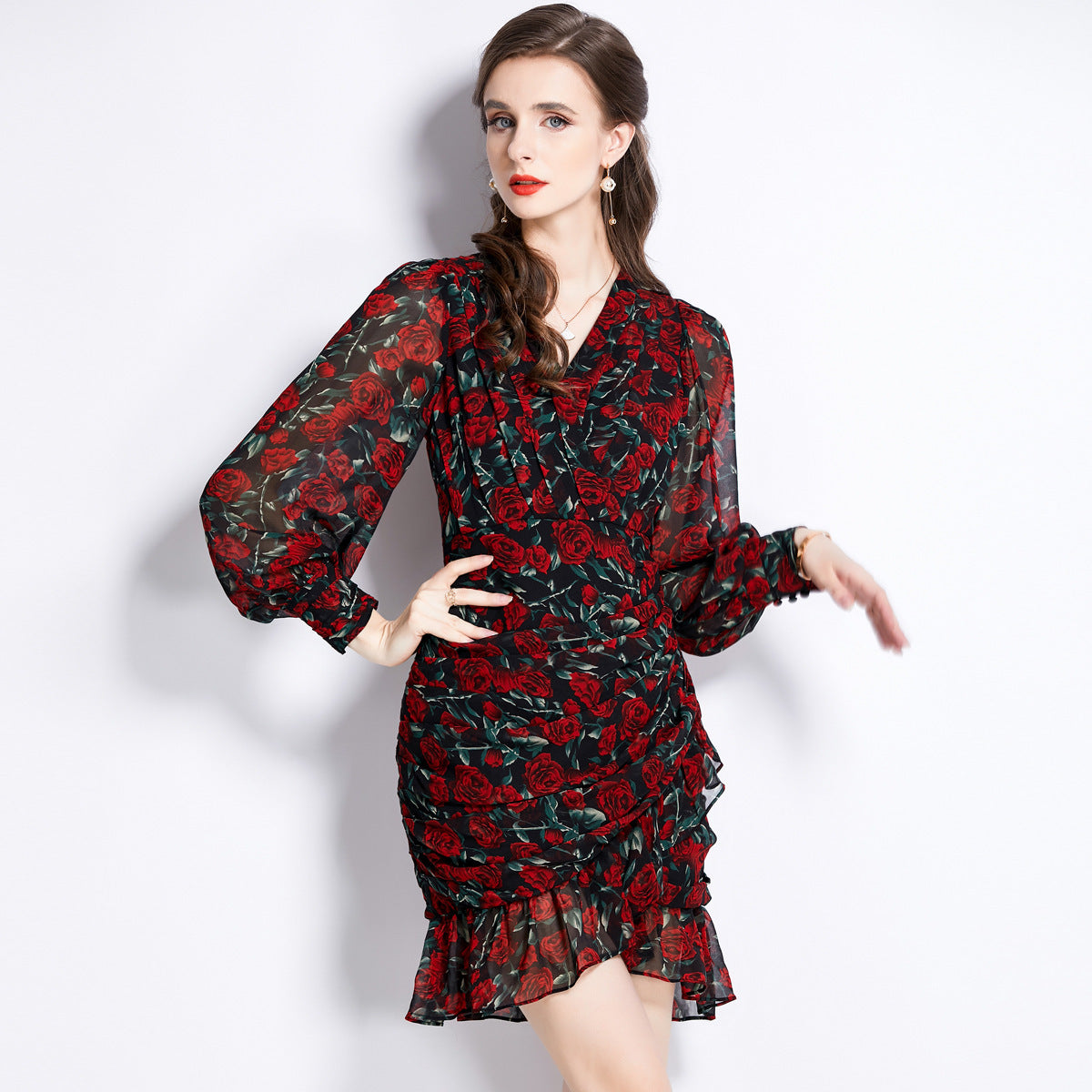 Printed Chiffon Fishtail Dress Women Color