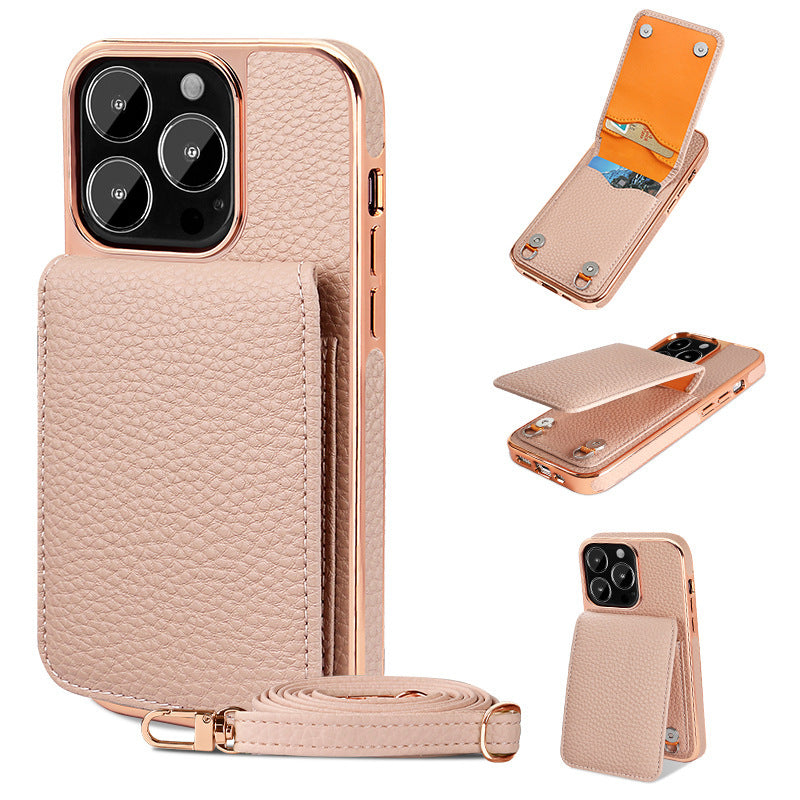 Litchi Pattern Wallet Lanyard Phone Case For 14 Pink