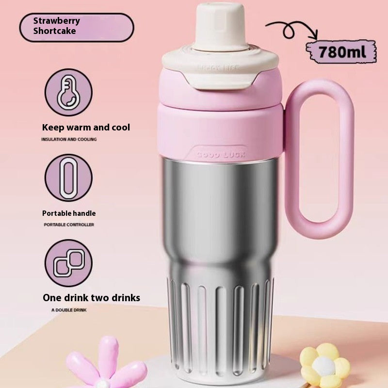 780ml Gradient Double Drink Thermal Cup Stainless Steel With Lid Coffee Cup Thermos Large Capacity Straw Cup For Male And Female Silver 780ml