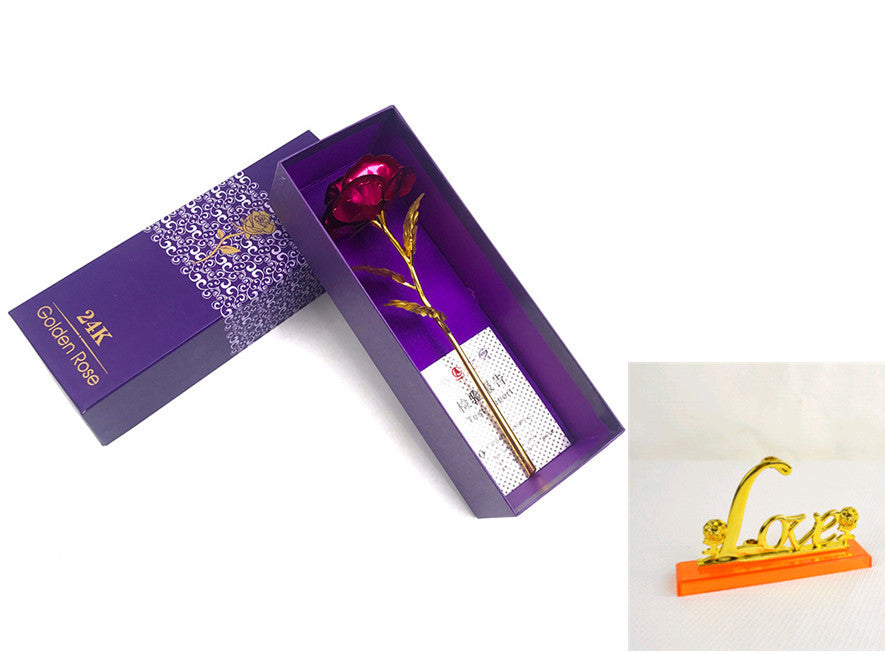 24K Luminous Color Gold Rose Flower Set Rose red purple gift with base