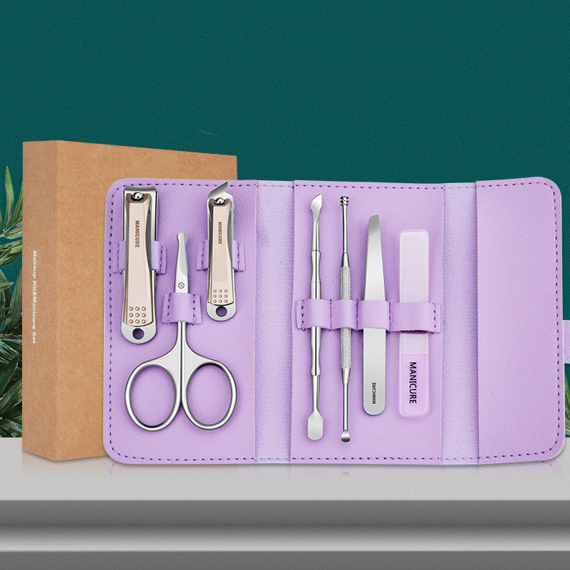 Stainless Steel Anti-splash Nail Clippers Nail Clippers Household Care Tool Set Purple Sevenpiece suit