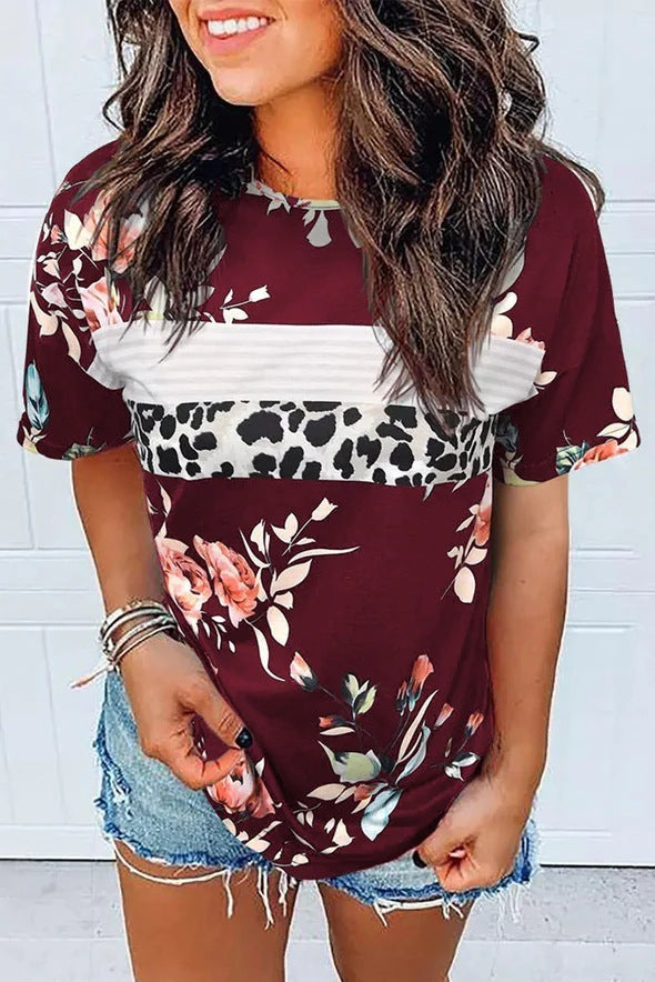 Fashion Print Short Sleeve Top Ladies Red