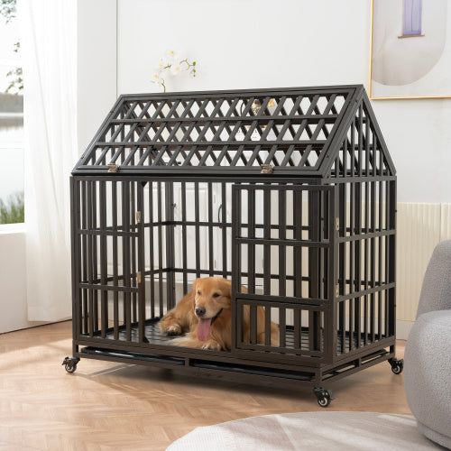 Heavy Duty Dog Kennel Pet Cage With Roof And Windows Black