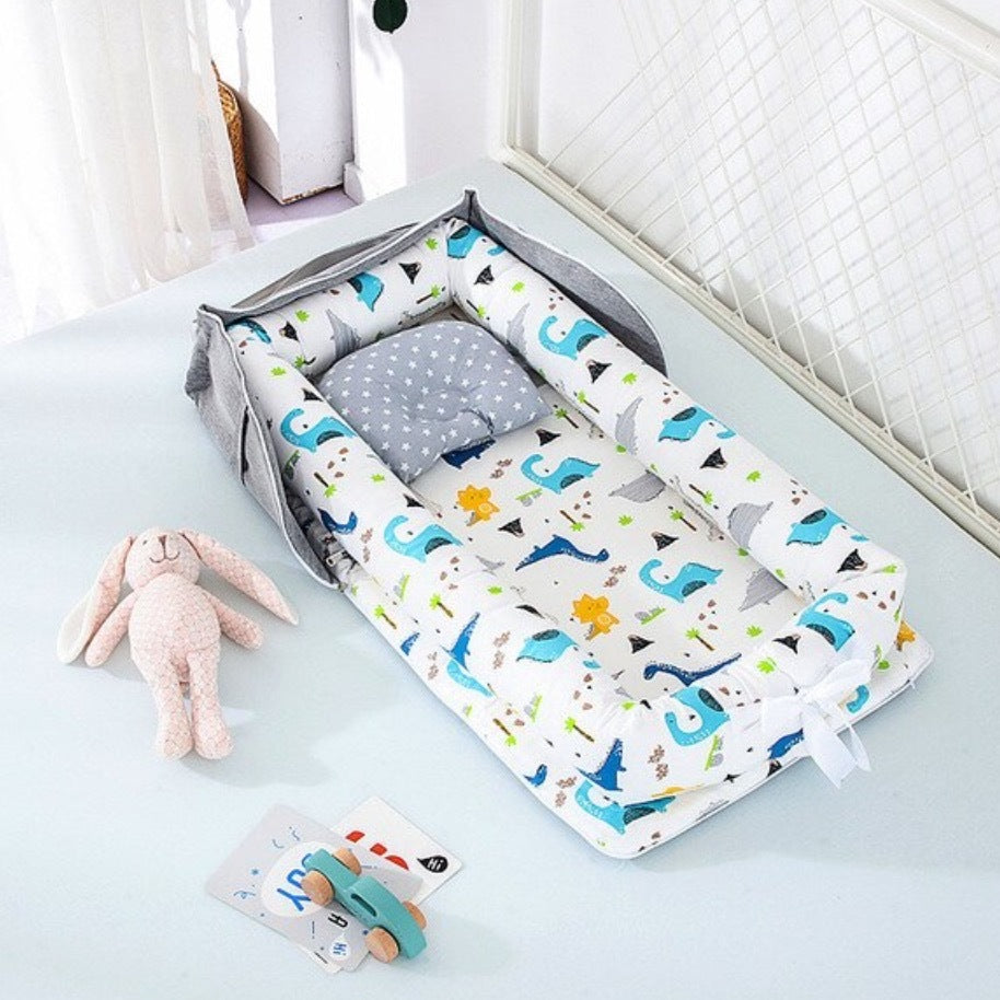 Cotton Portable Foldable Baby Bed Dinosaur Blue