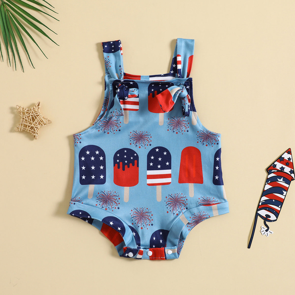 Baby Printed Front Knotted Suspender Pants Blue Ice Cream