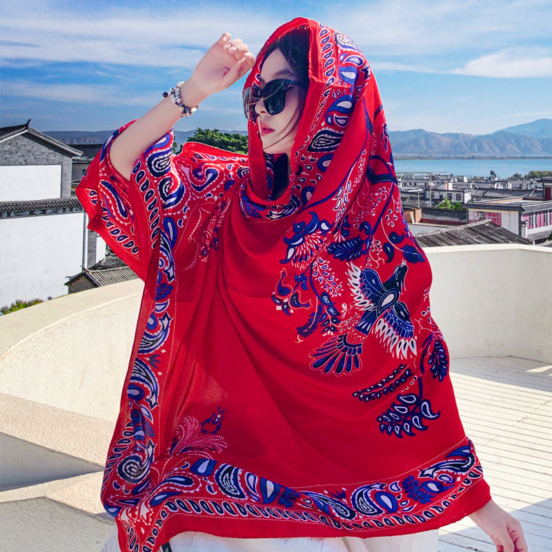Women's Outer Scarf For Traveling In Western Sichuan Grassland Jiguang Phoenix Feather Red
