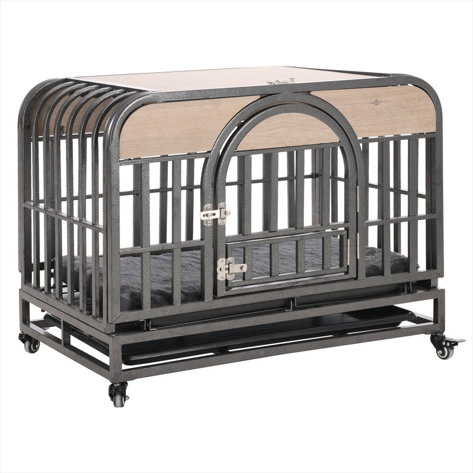 46in Heavy Duty Dog Crate, Furniture Style Dog Crate With Removable Trays And Wheels For High Anxiety Dogs Grey