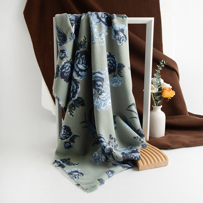 Cashmere-like Tassel Shawl Rose Print Cold-proof Warm Scarf Spring Swallow Rose Green 190X65CM