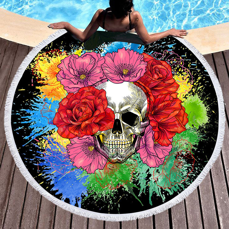 Scary Skull Round Beach Towel Fiber Picnic Mat E 150cmx150cm