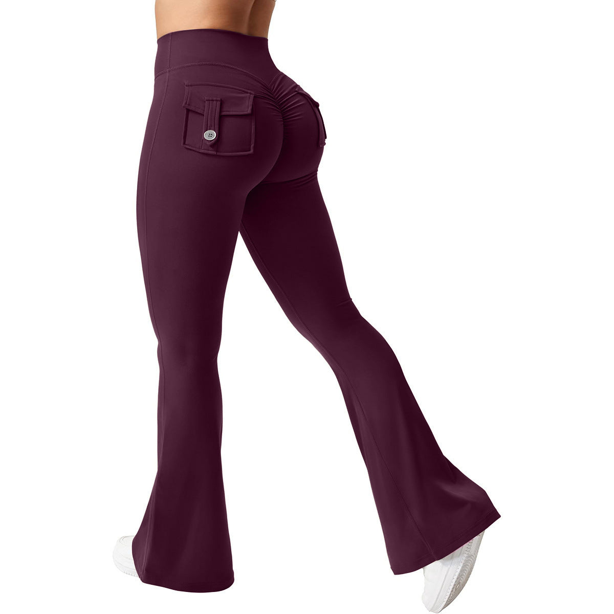 Yoga Peach Hip Pocket Flared Pants For Quick Drying And Abdominal Compression, Small Sexy Pants Purplish red