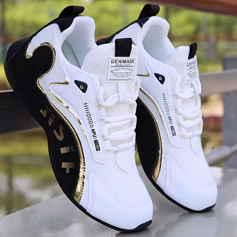 Fashion Colorblock Lace-up Sneakers For Men Breathable Low-top Dad Shoes Running Walking Sports Shoes Mesh Black White