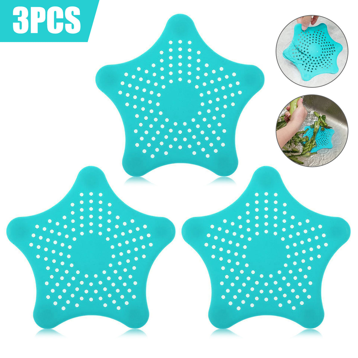 3PCS Silicone Starfish-shaped Sink Drain Filter Bathtub Hair Catcher Stopper Drain Hole Filter Strainer For Bathroom Kitchen Toilet Blue 3Pcs