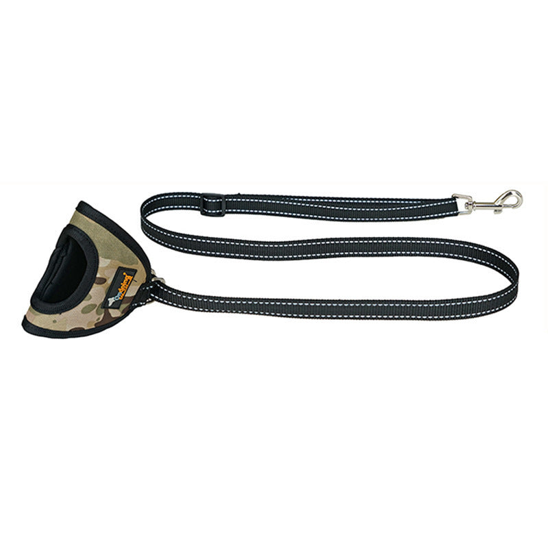 A pet on a harness Green camouflage