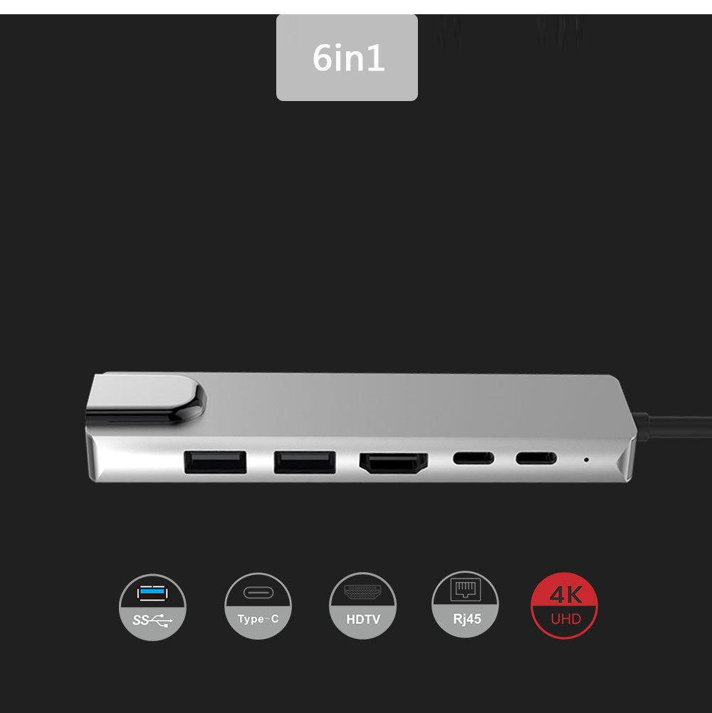 Type C To HDMI+USB3.0+PD 6 In 1 HUB Hub Rj45 Network Card Adapter 4k 30hz 6 ports