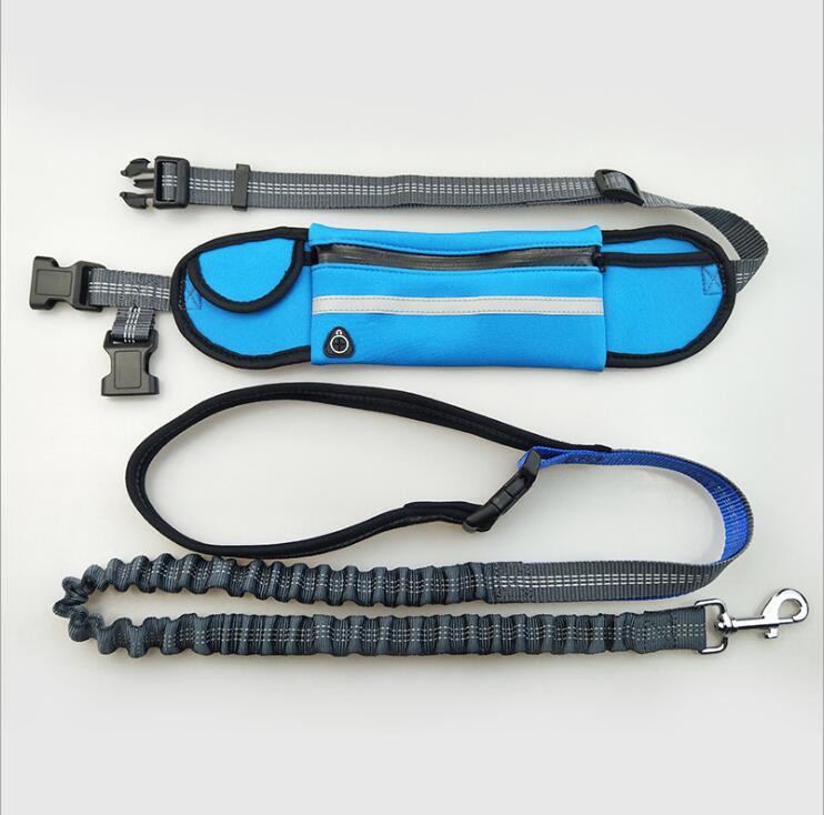 Hands-Free Dog Running Leash with Waist Pocket Adjustable Belt Shock Absorbing Bungee Blue