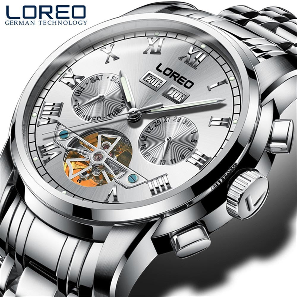 LOREO watch men's mechanical watch White silver