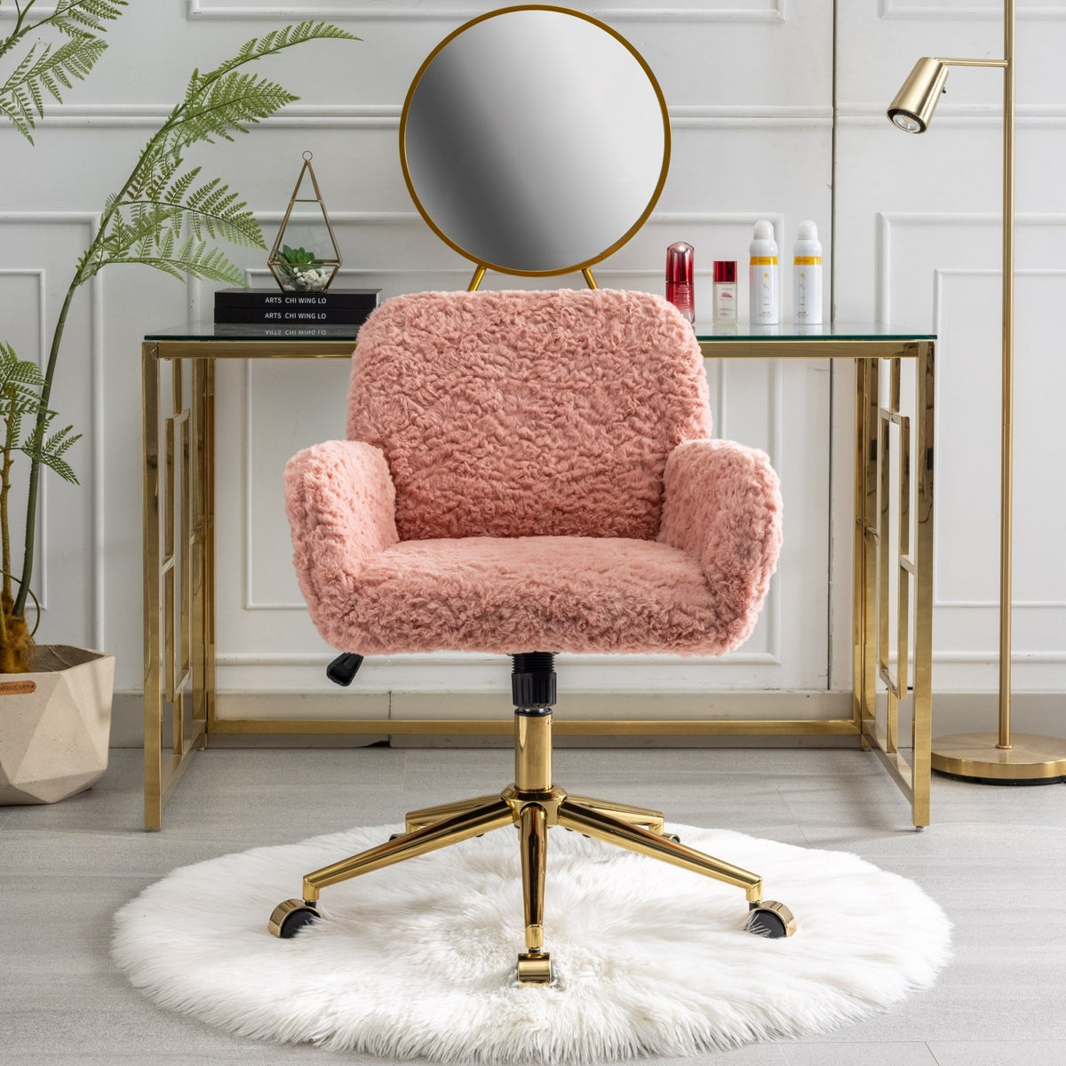 A&A Furniture Artificial Rabbit Hair Office Chair With Gold Base, Adjustable Pink