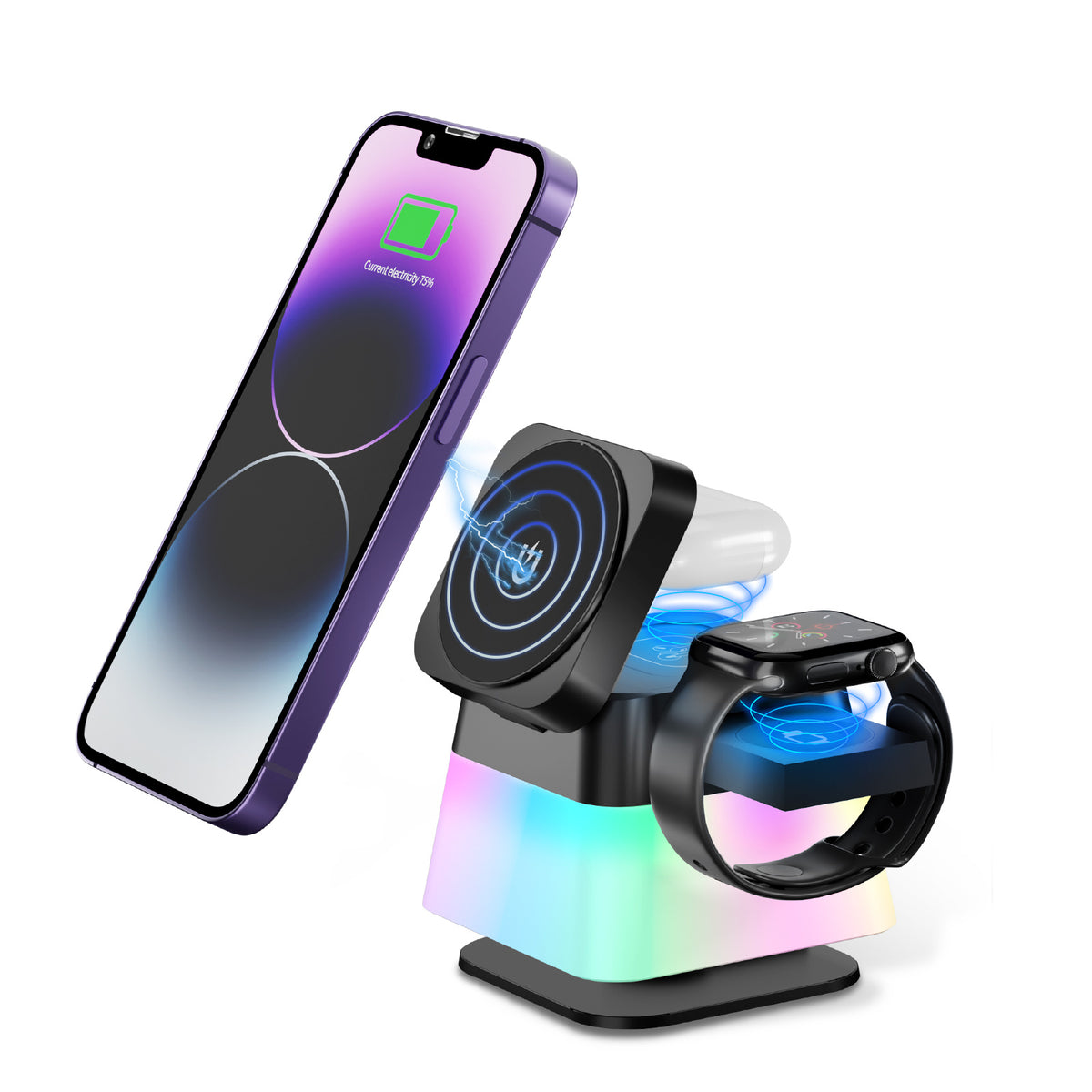 4 In 1 Rotatable Colorful Lighting Wireless Charger Stand For Phone 15 14 13 12 Pro Max 8 7 Holder Magnetic Fast Charging Station Black