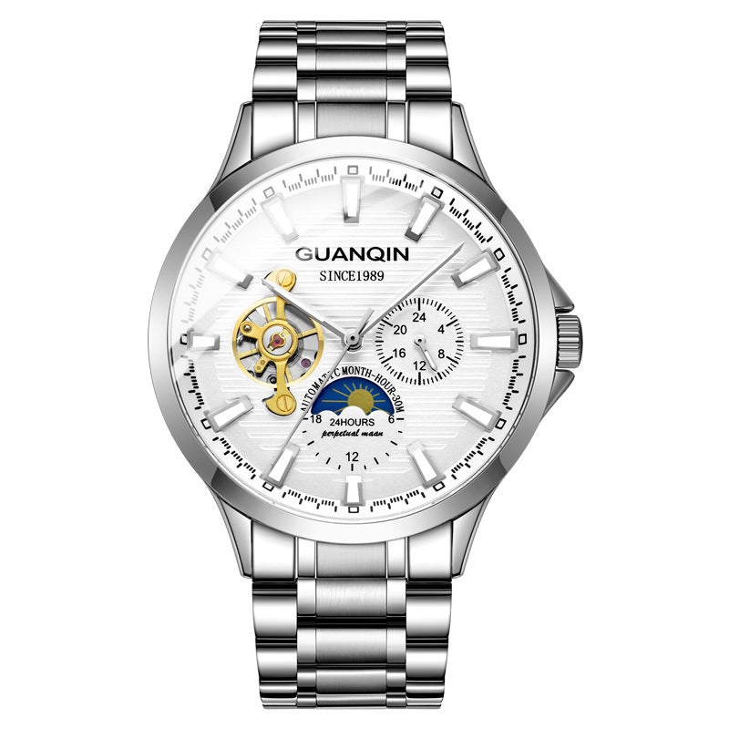 Guanqin Men's Watch Mechanical Watch White Steel belt
