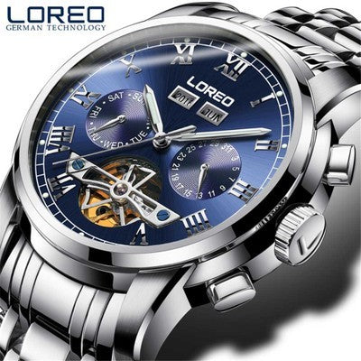 LOREO watch men's mechanical watch Blue silver