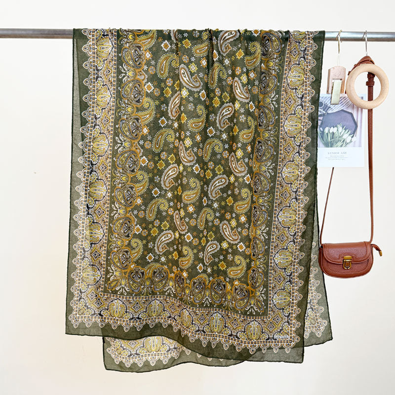 Women's High-grade Versatile Classic Pattern Travel Sun Protection Silk Scarf Shawl Green 85X180CM