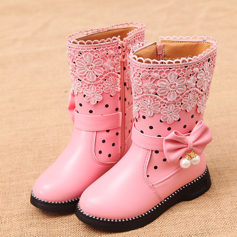 Bowknot Pendant Lace And Velvet Girls' Cotton Shoes Pink