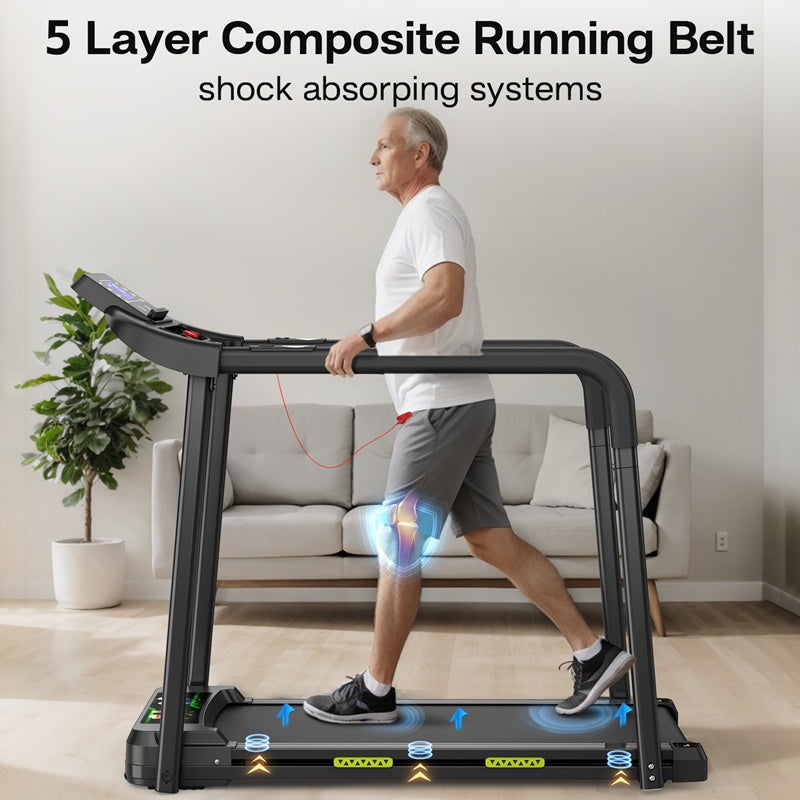 Walking Pad Treadmill For Senior, Foldable Exercise Treadmill With Stable And Safe Structural Design, Large LED Display For Elderly, Long Handrail For Balance, 300 Lbs Capacity