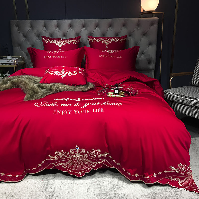 Four-Piece Cotton Jacquard Hotel Bedding Wine Red