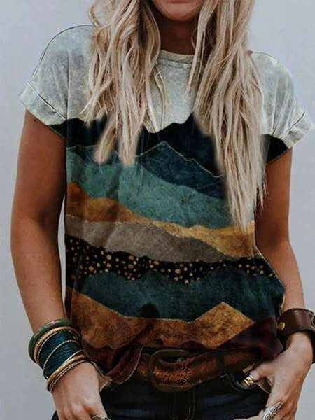 Ladies' Landscape Print Short Sleeve T-Shirt Shirt 1