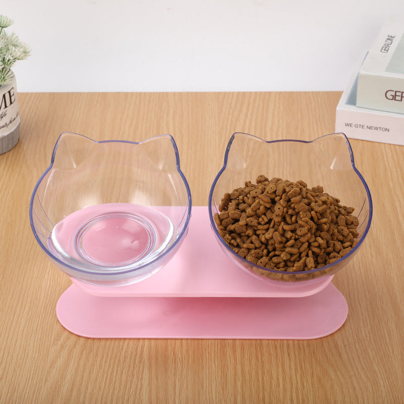 New Inclined Food Cat Ear Oblique Mouth Transparent Single Pet Bowl Pink Double bowl Q1pcs