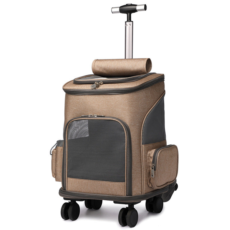 Portable Folding Trolley Pet Backpack Traveling Cat Backpack With Universal Wheel Trolley Pet Bag Khaki