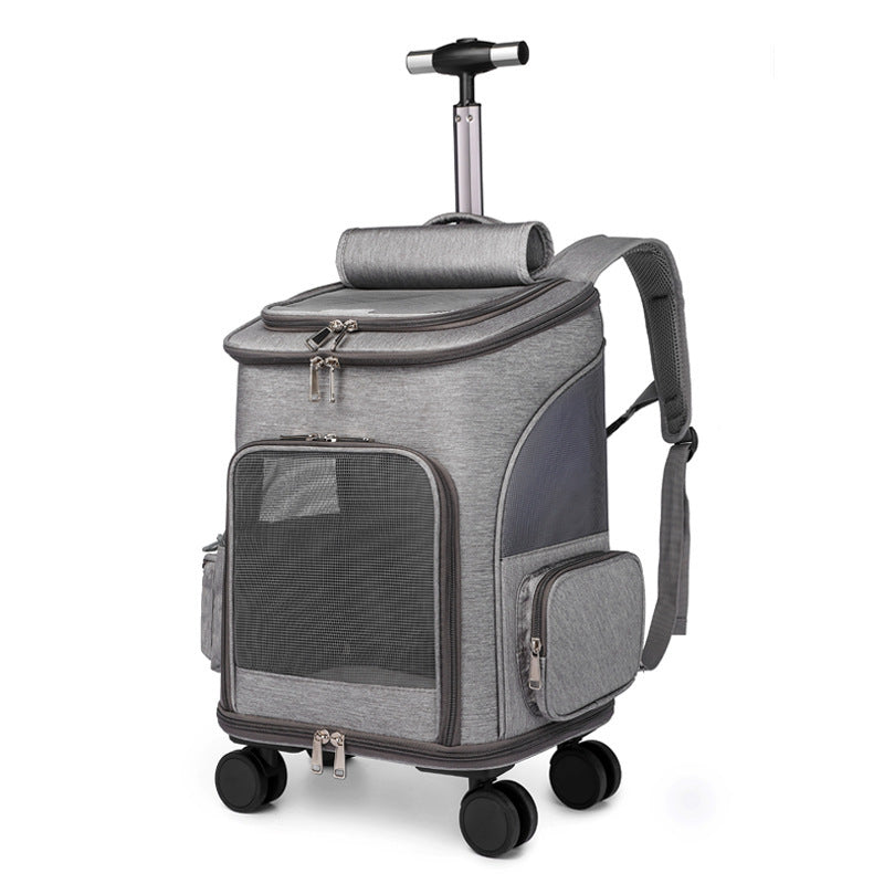 Portable Folding Trolley Pet Backpack Traveling Cat Backpack With Universal Wheel Trolley Pet Bag Light Grey
