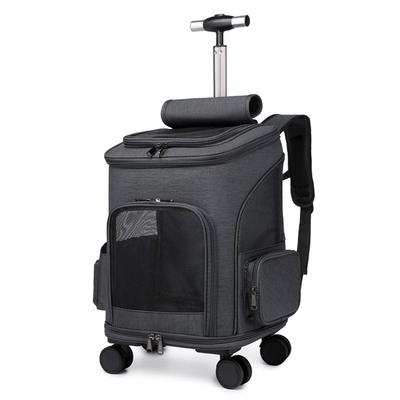 Portable Folding Trolley Pet Backpack Traveling Cat Backpack With Universal Wheel Trolley Pet Bag Dark Grey
