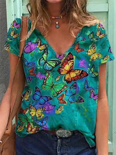 Ladies Fashion Print Short Sleeve T-Shirt Shirt Green