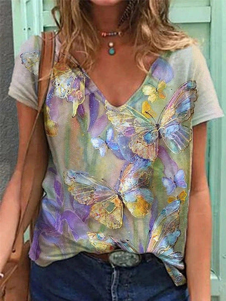 Ladies Fashion Print Short Sleeve T-Shirt Shirt Grey