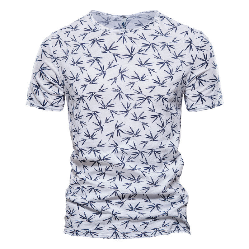 Casual Slim-Fit Stretch T-Shirt Men Short-Sleeved Printed T-Shirt Sports Men White