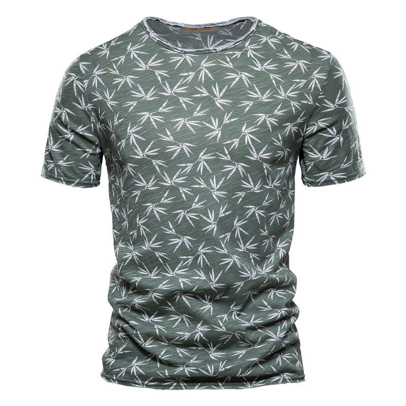 Casual Slim-Fit Stretch T-Shirt Men Short-Sleeved Printed T-Shirt Sports Men Green