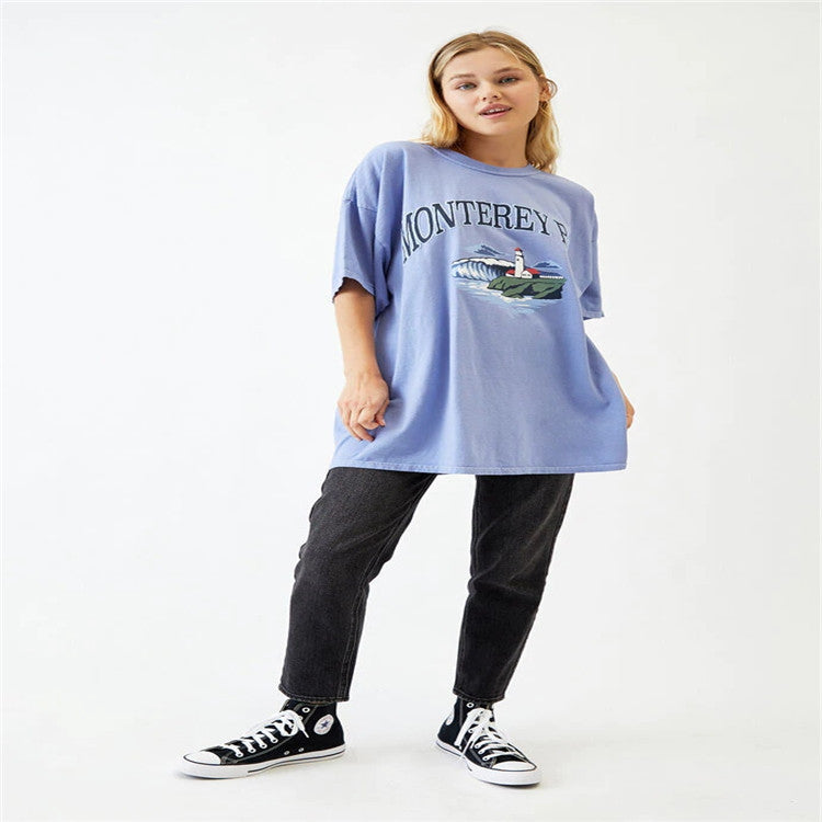 Ladies Short Sleeve Round Neck Pullover Loose Print T Shirt