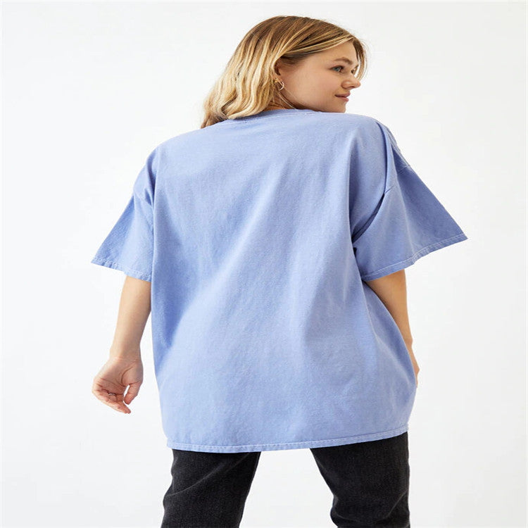 Ladies Short Sleeve Round Neck Pullover Loose Print T Shirt