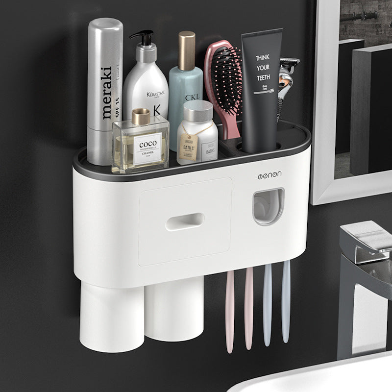 Non-marking Hanging Magnetic Toothbrush Holder Single Drawer Storage Rack With Toothpaste Squeezer Toiletry Set Black