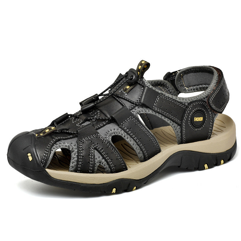 Sandals Summer New First Layer Leather Baotou Men's Outdoor River Upstream Beach Shoes Black