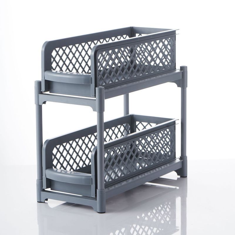 2 Tier Sliding Cabinet Basket Organizer Drawer Mesh Storage Organizer Grey