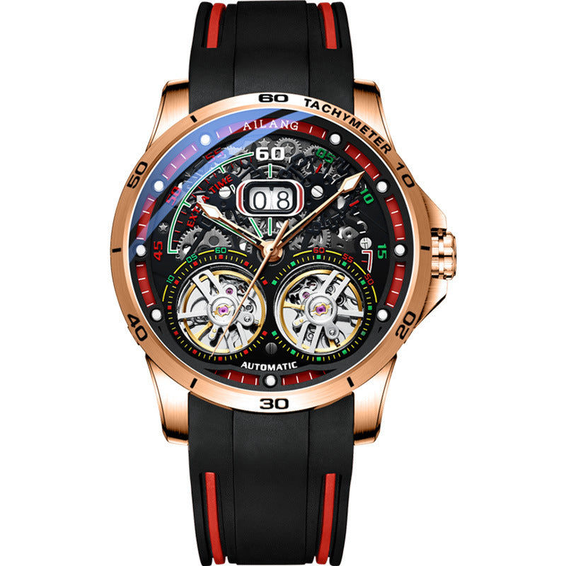 Double Flywheel Hollow Watch Automatic Mechanical Watch Calendar Men'S Watch Rose red